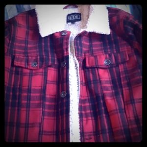 Plaid and shearling coat